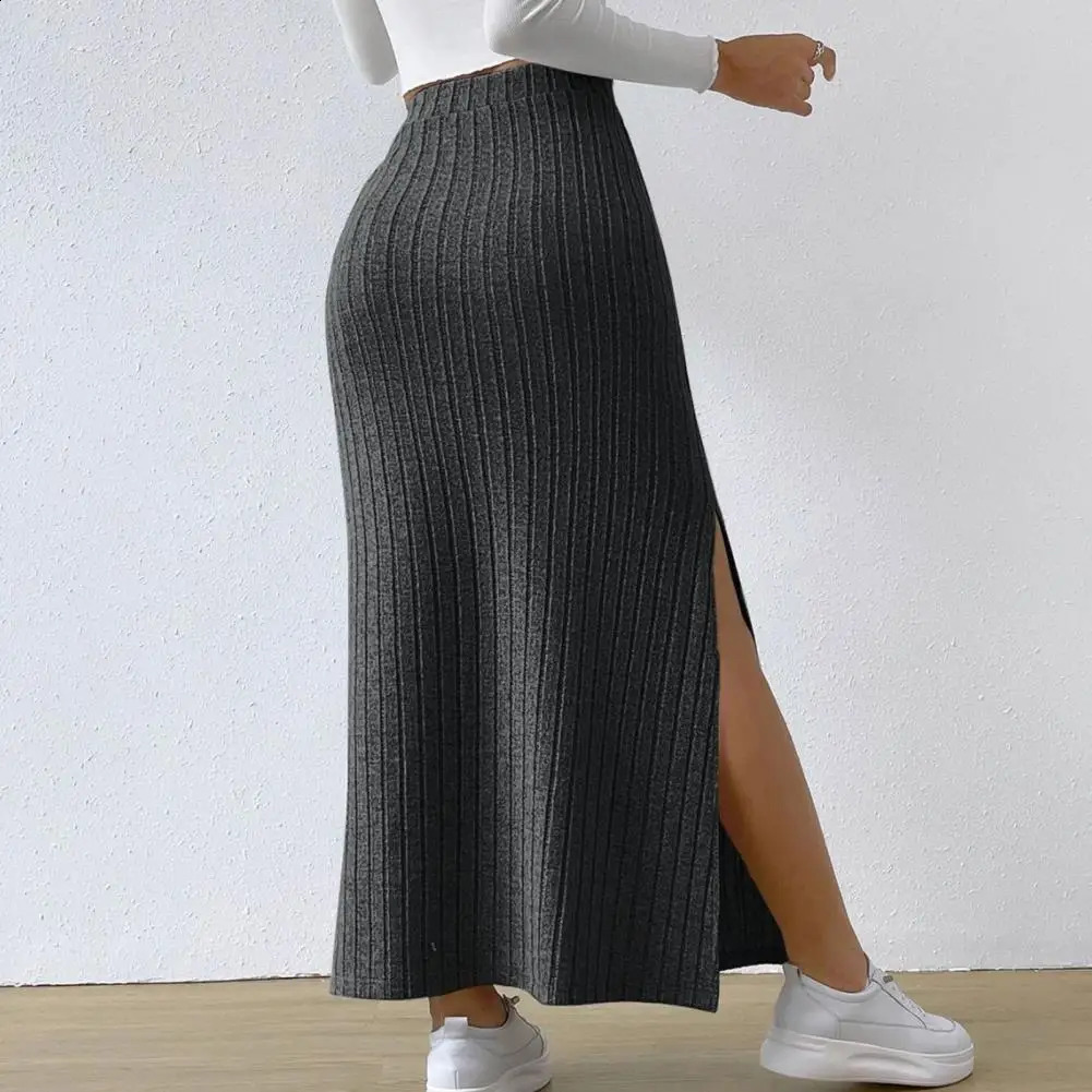 Winter knitted high waist thick elastic ankle length striped ultrathin split hem womens long skirt 250407
