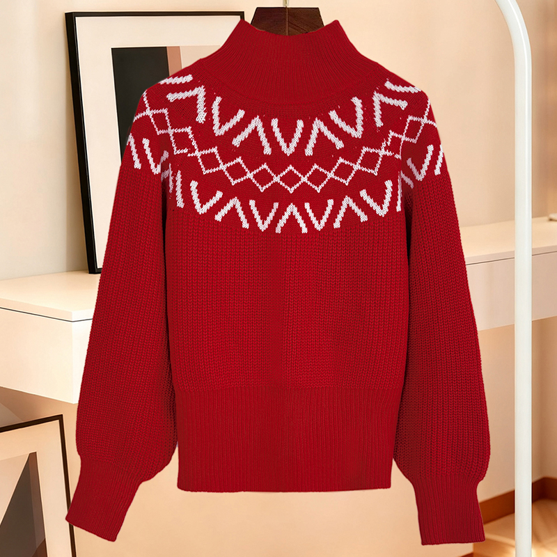 Women's multi-color blazer, stand-up collar long-sleeved sweater, diamond-patterned jacquard fabric, Fair Isle style, casual streetwear attire---