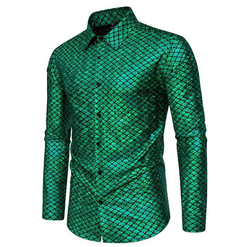 2024 New Glossy Fish Scales Green Mens Sequin Shirt Gold Bronzing Steampunk Nightclub Stage Party Dress Long Sleeve Top Men K251110