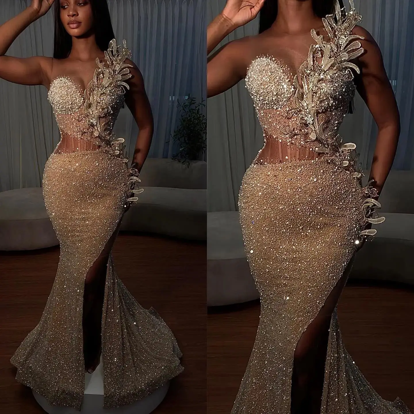 Designer Pearls Mermaid Prom Dress Unique O Neck Sleeveless Evening Dresses Sexy Illusion High Splits Birthday Dress Customized