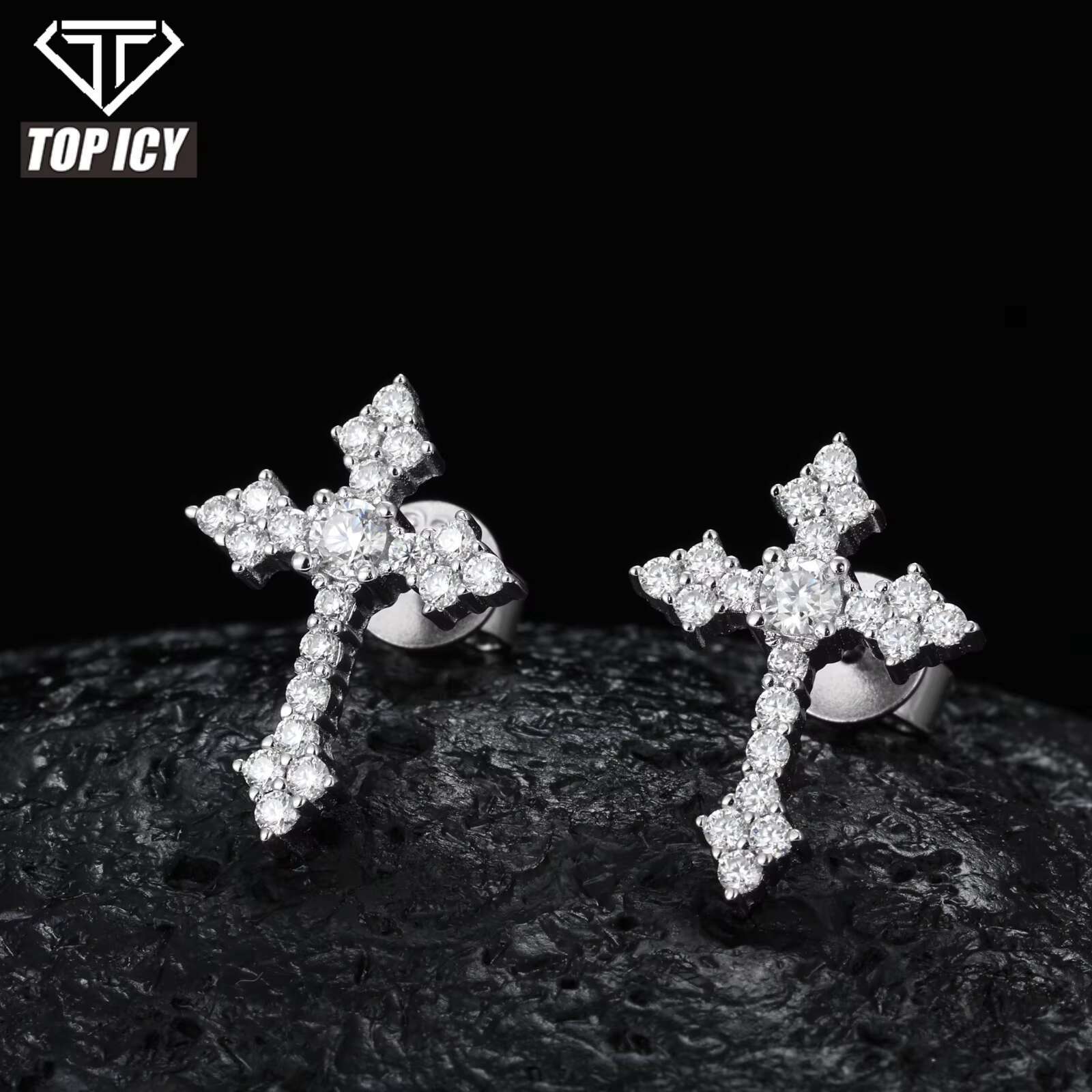 Hip Hop 925 Sterling Silver VVS Moissanite Diamond Iced Tapered Cross Stud Earrings for Men Religious Jewelry