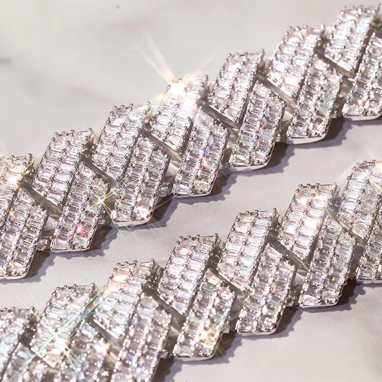 Hip Hop Men Fine Jewelry Sterling Silver 925 Cuban Jewelry 19mm Wide 2 Rows VVS Baguette Moissanite Cuban Link Chain