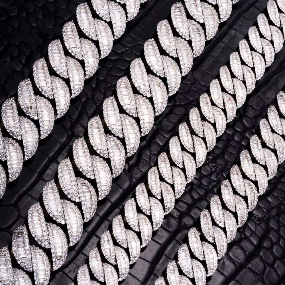 15mm Cuban Link Chain 925 Sterling Silver Iced Out Baguette Cut Hiphop Miami VVS Moissanite Cuban Chain