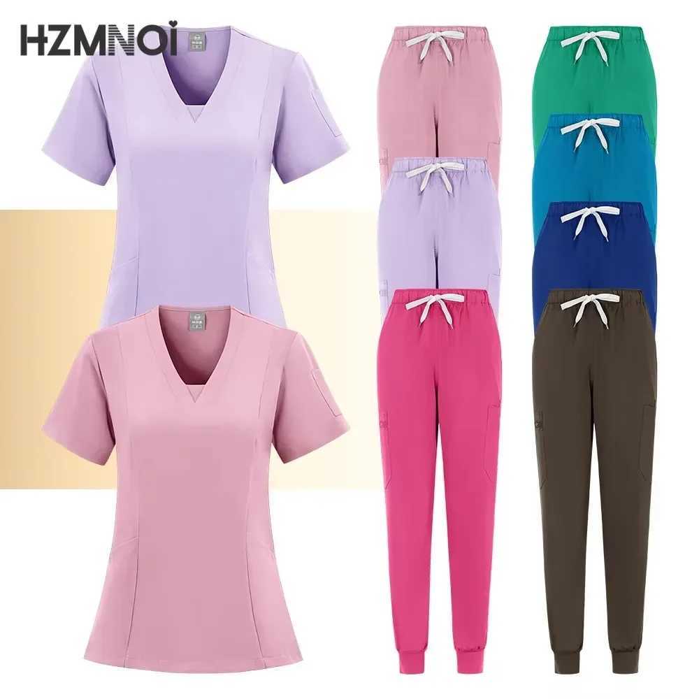 Multicolour Jogger Suits Doctor Nursing Uniforms Short Slve V-neck Tops Pocket Pants Nurse Scrubs Set Medical Clinical Clothes X2504101