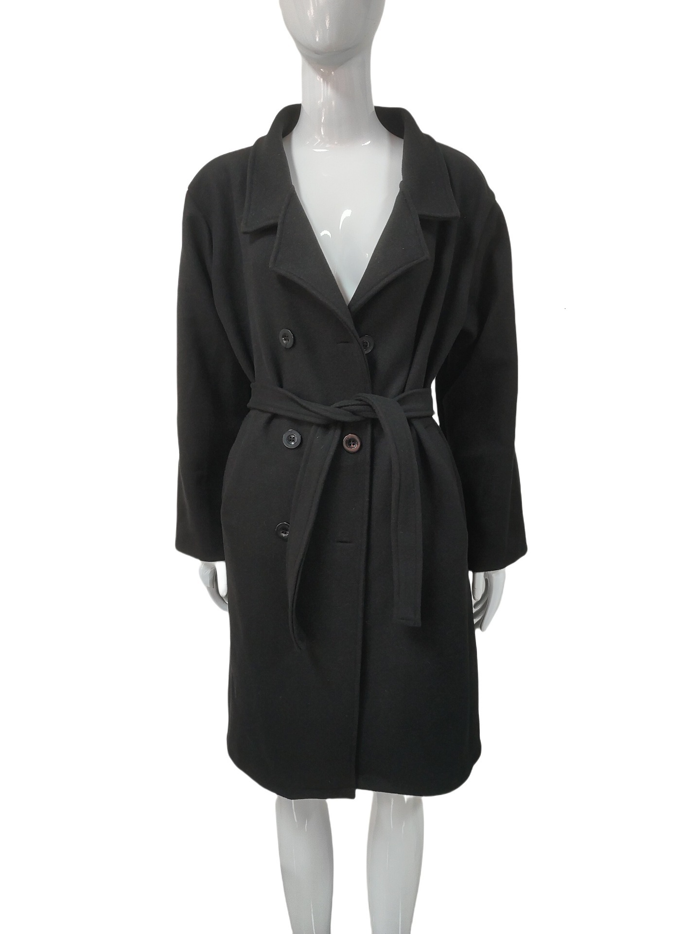 Autumn and winter new women's long lace up woolen solid color simple slim fit coat