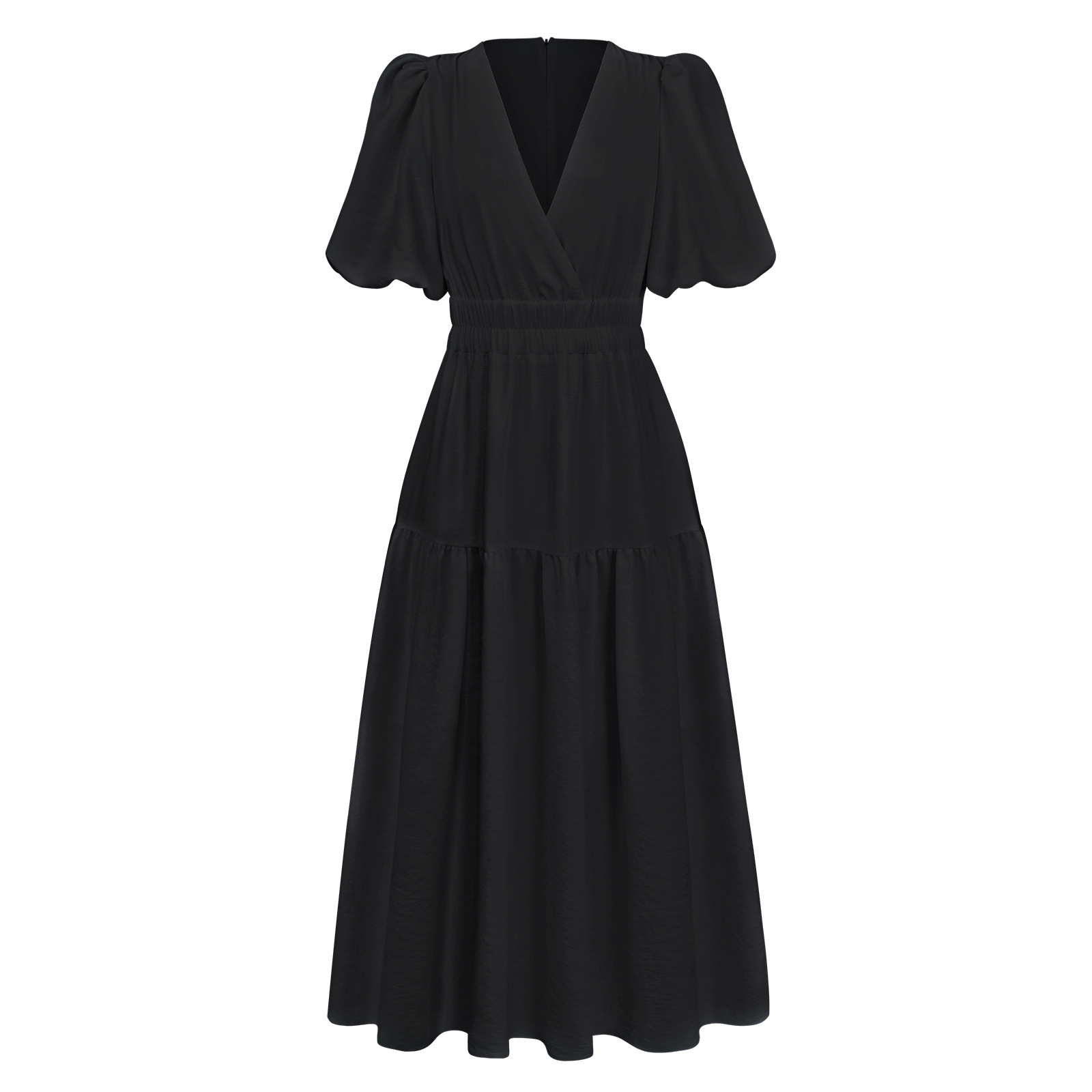 F48Elegant Deep V High-Quality Puff Sleeve Dress for Women - Perfect for Summer Holidays