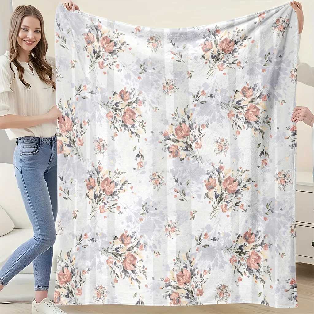 1pc Floral Printed Wool Blanket - Polyester Fabric Machine Washable Suitable for Bedroom Living Room Sofa Decoration C251111