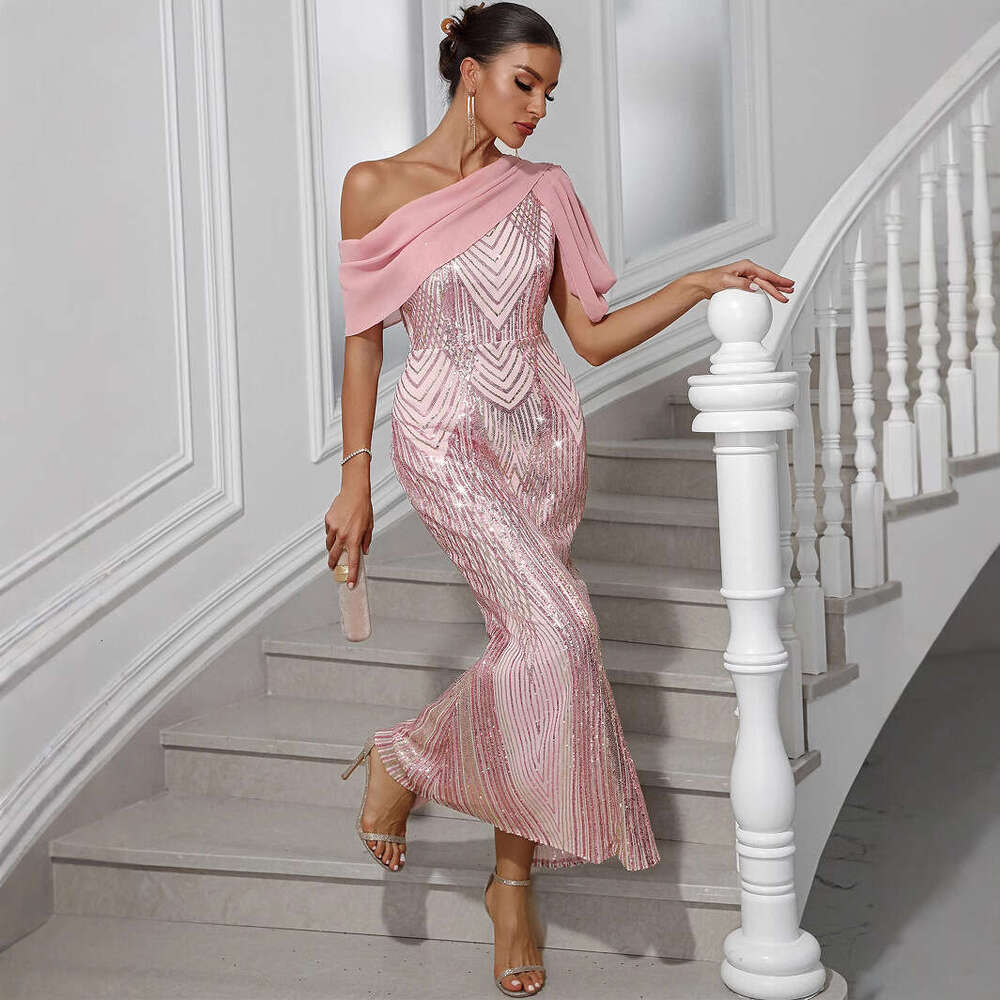 Women's Fashion SEXY DRESSES FOR WOMEN One-Shoulder Chiffon Patchwork Sequin Night club maxi dress Gown