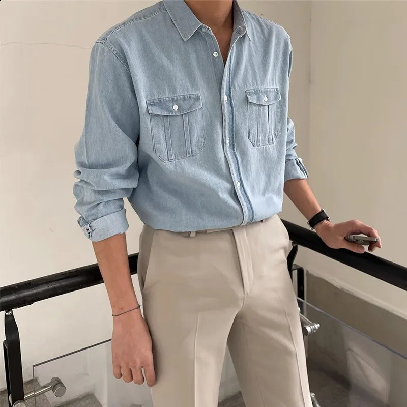 Autumn mens lightweight retro denim casual shirt long sleeved button down premium solid color business pocket 250411e