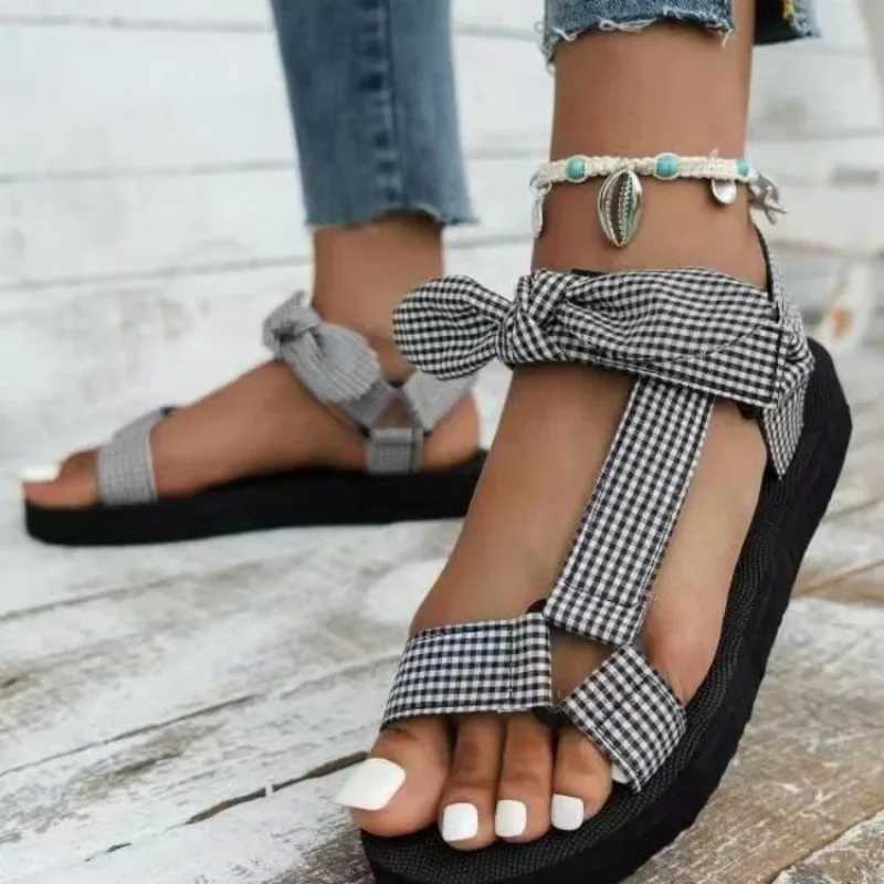 New style large-sized e-line buckle womens sandals new spy sole with open sole fabric bow shoes for women Zapatos De MujerXJ250410