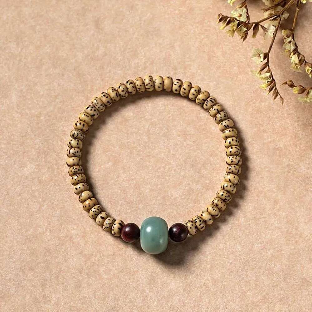 Natural Star Moon Beaded Weathered Green Bodhi Barrel Beads Red Sandalwood Bracelet Buddhist Yoga Jewelry