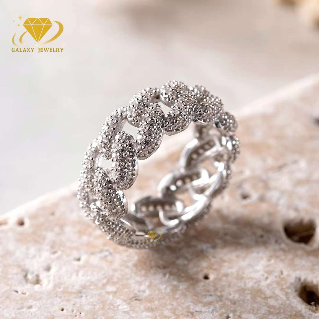 Wholesale Custom Iced Out Hip Hop Cuban Link Rings Mens 925 Sterling Silver Diamond Cuban Link Design Moissanite Ring