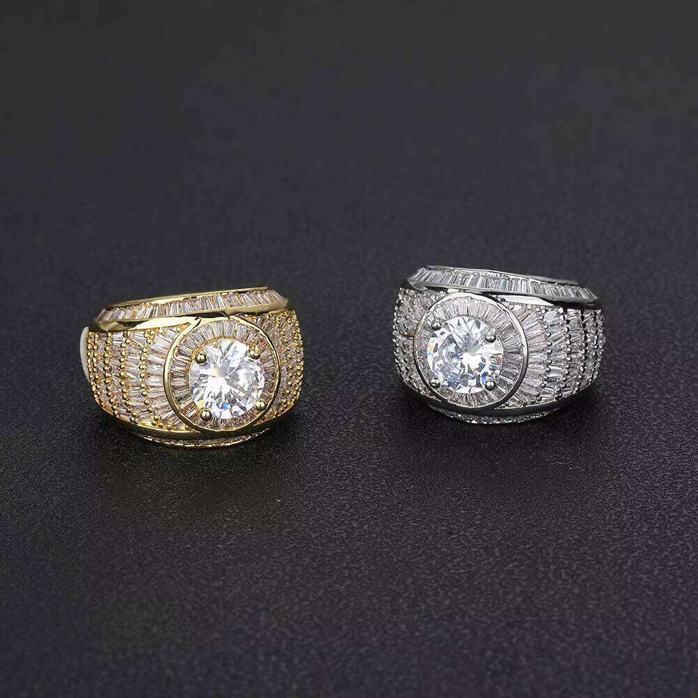 High Quality Fine Jewelry Sier Color Big Ladies Rings Full Pave Bling Zircon Gold Plated Dia Ring for Men Women