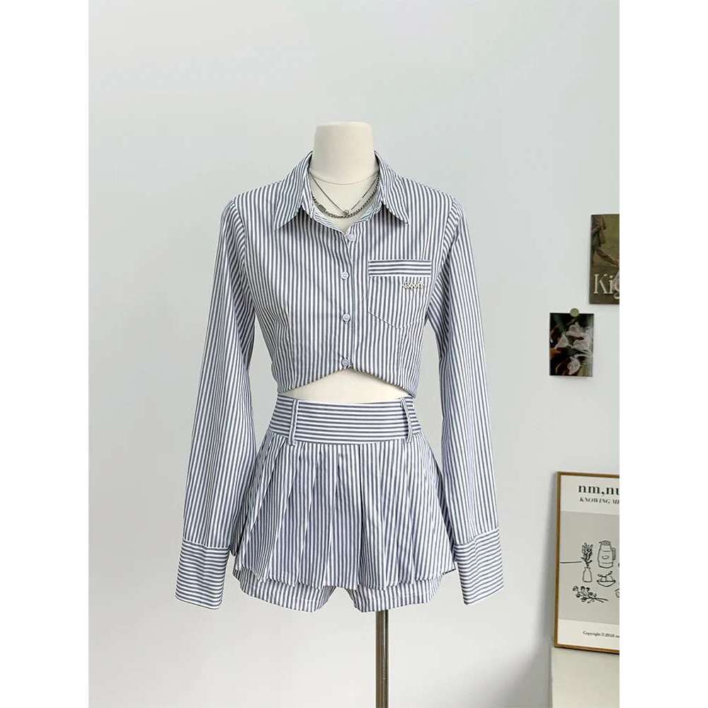 Woman Slim Outfits 2 Piece Striped Mini Set Asymmetrical Fashion Pleated Skirt All-Match Shirts Gyaru Crop Top 90S Kpo