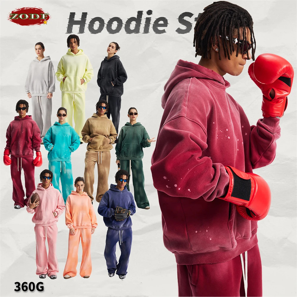 ZODF Trendy Men Washed 360gsm Fleece Hoodies Unisex Oversized Warm Paint Distressed Hooded Pullovers Winter Coat HY0947 251110