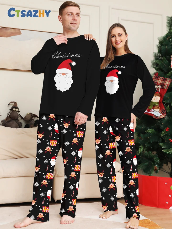 Merry Christmas Couple Pajamas - Long Sleeve Black Santa Print Festive Pattern Pants Set 251106
