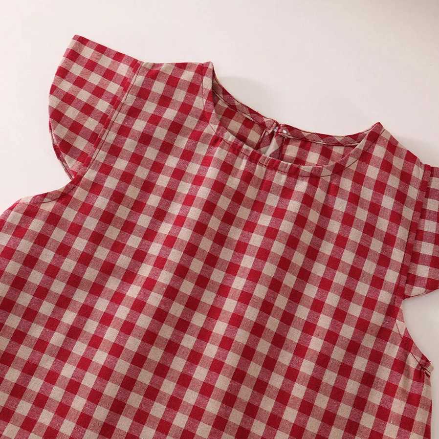 Summer Childrens Baby Girl 2PCS Clothing Set Cotton Fly Sleeve Red Grid T-shirt Set Loose Waist Shorts Set Childrens Girl SetXJ250410