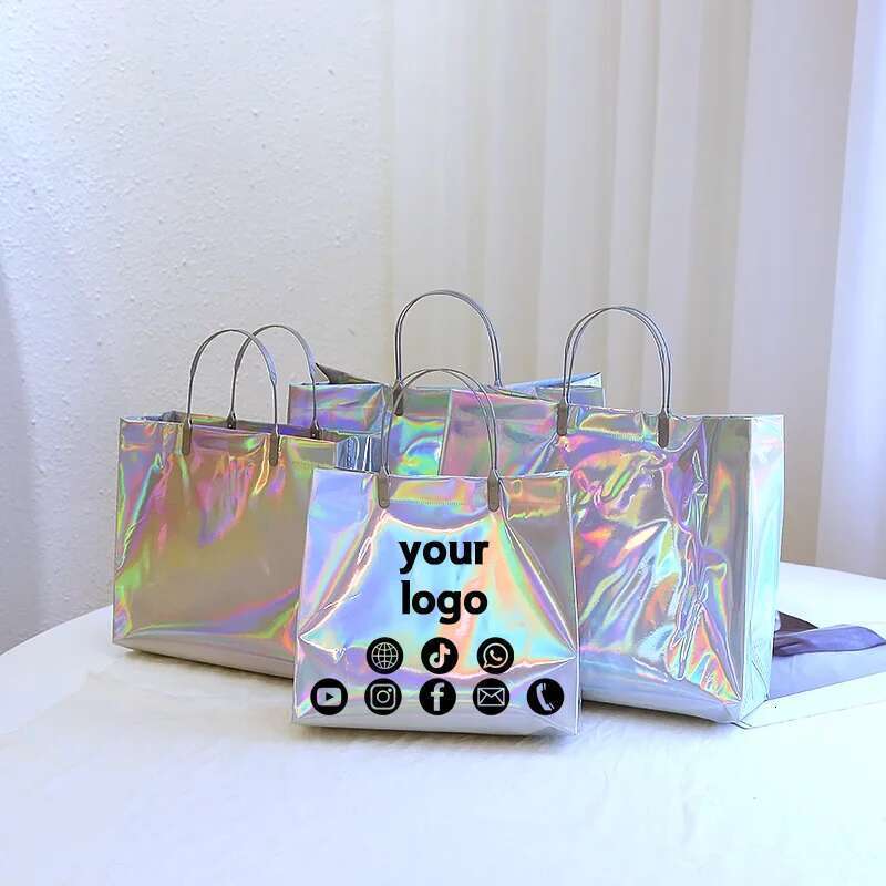 30Pcshigh-End Color Laser Handbag Sier Shopping Clothing Gift Shop Packaging Bag Waterproof Wedding Party Custom