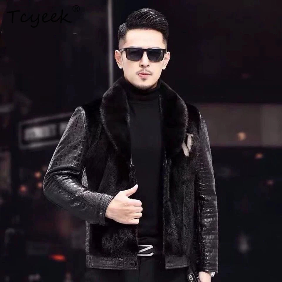 Tcyeek Sheepskin Mink Whole Autumn Winter Trendy V Neck Black Short Mens Genuine Leather Down Jacket Chaqueta Cuero Hombre 251103