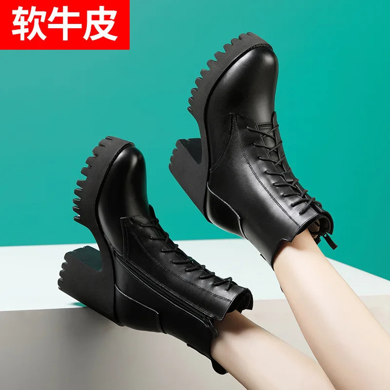 Ladies Genuine Leather Thick High Heels Shoes For Fashion British Style Platform Sports Boots WomenS Autumn Wedge Winter Boots 251110