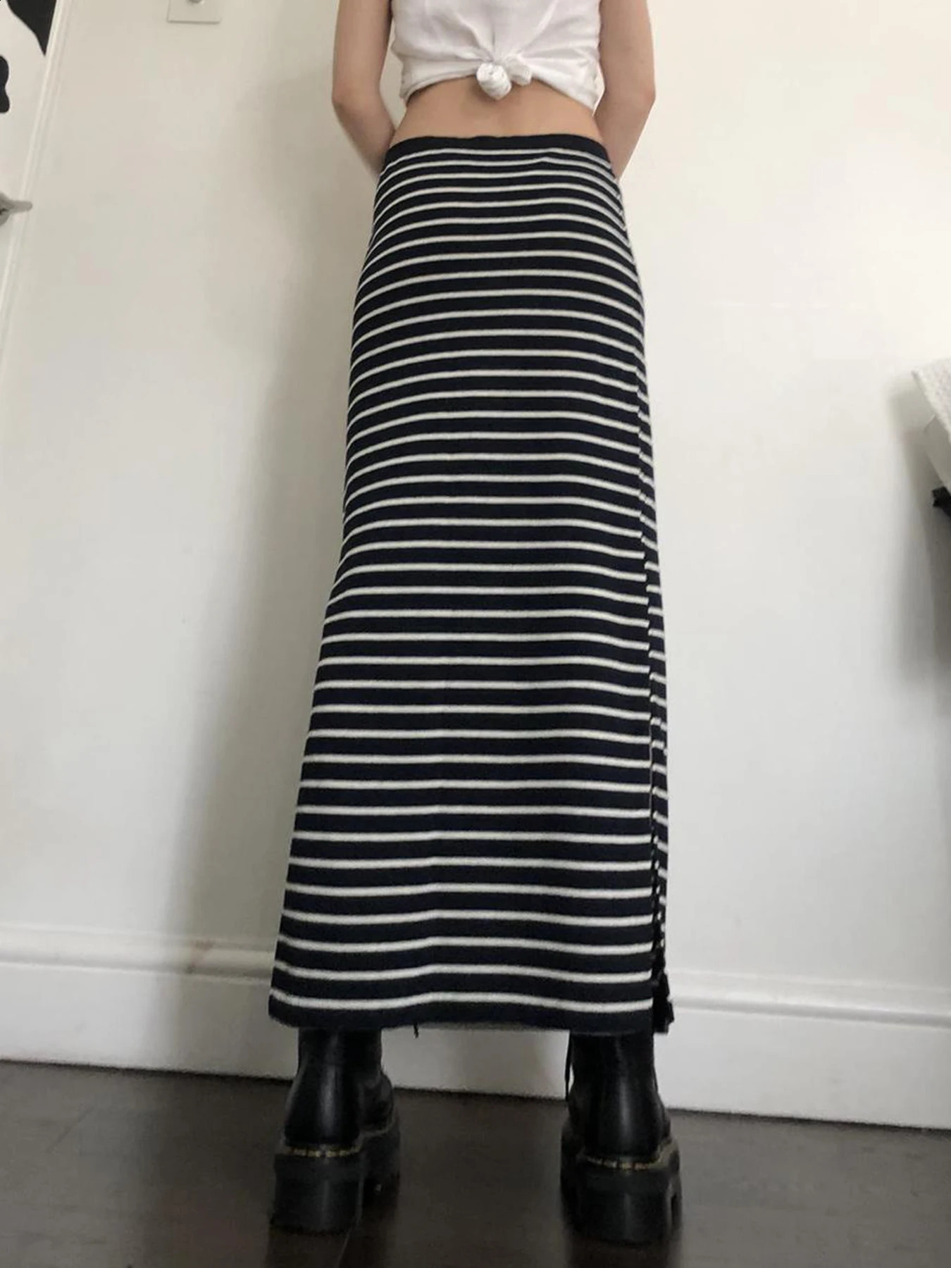 Y2K black and white long strip womens split elastic waist basic elegant knitted skiing 250407