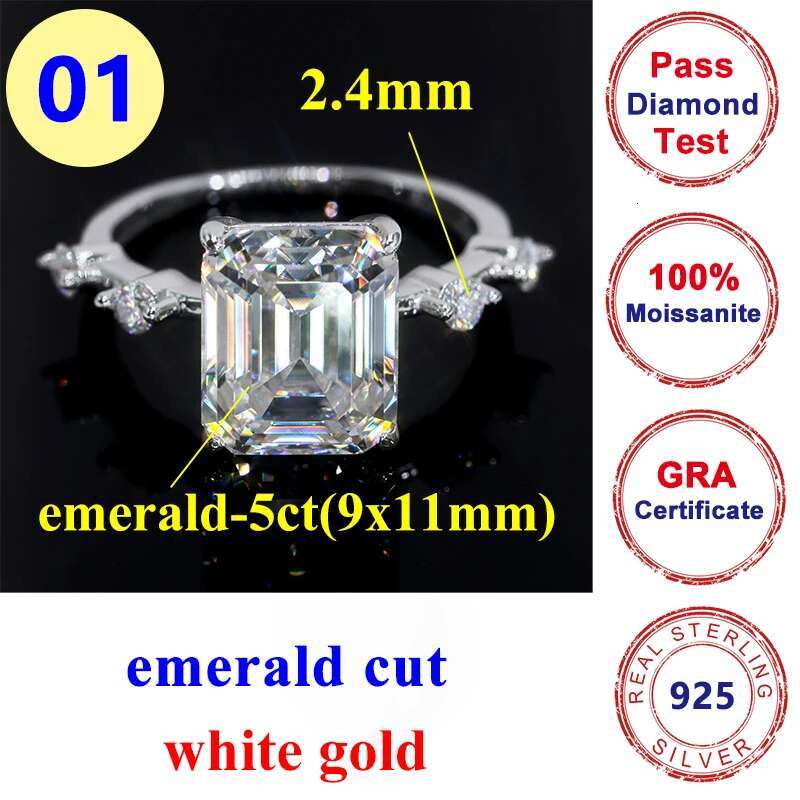 Full Moissanite Diamond D Color VVS Emerald Cut Womens Ring S925 Sliver Plated White Gold Wedding Fine Jewelry Rings for Women