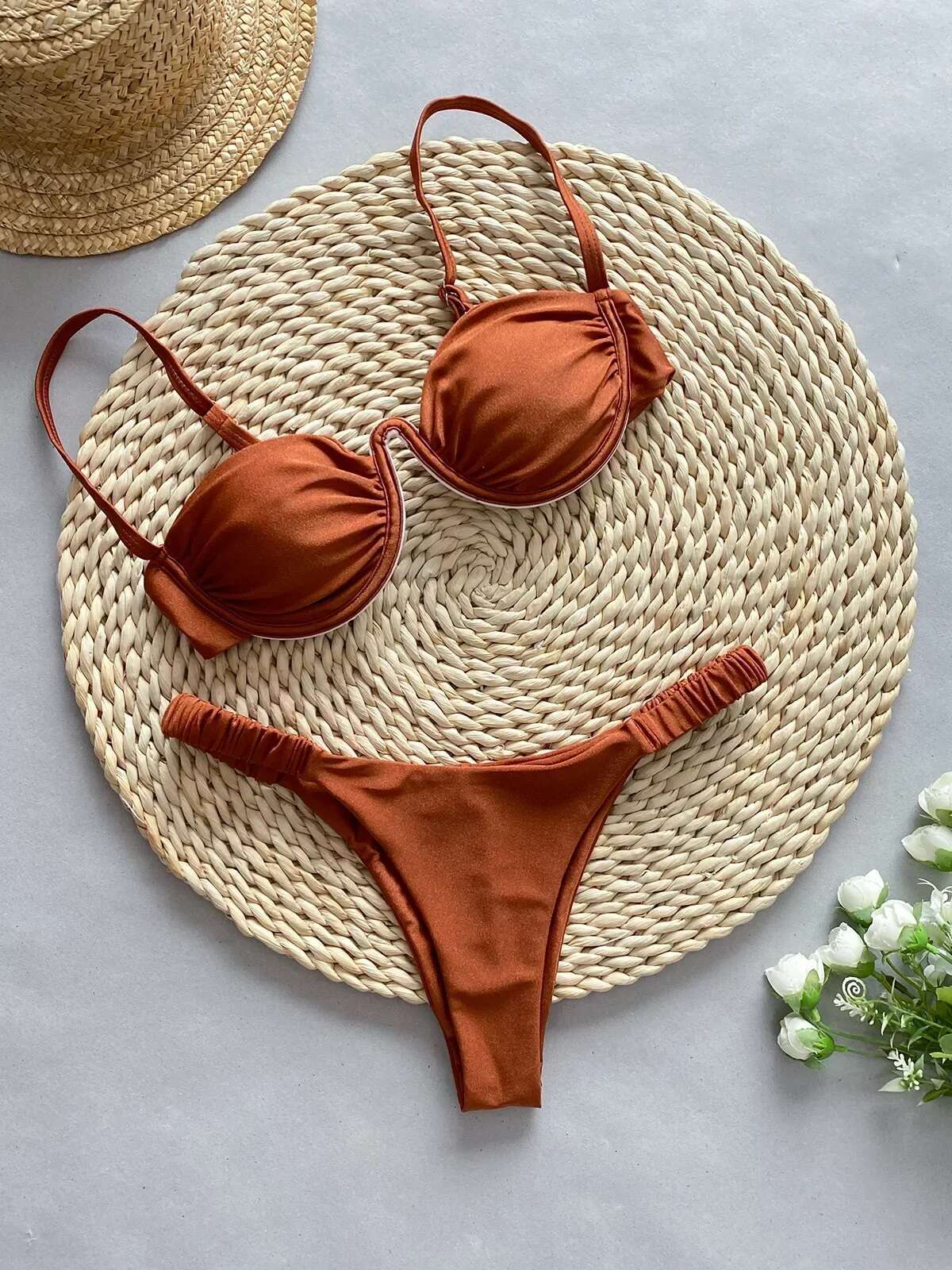 Sexy 3D wer Bikini Set 2025 Women Black White V Wire Underwired Micro Mini Swimsuit Beach Bathing Suit Pleate Thong Swimwear