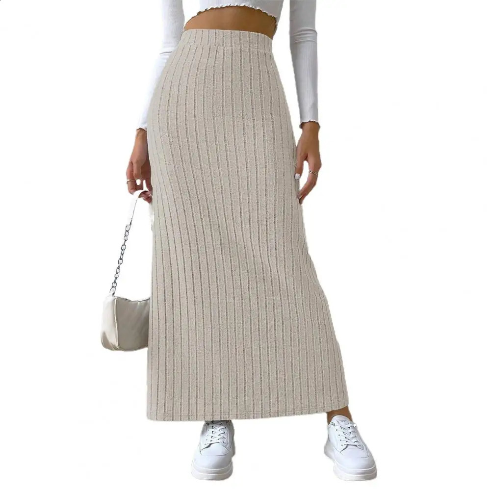 Winter knitted high waist thick elastic ankle length striped ultrathin split hem womens long skirt 250407