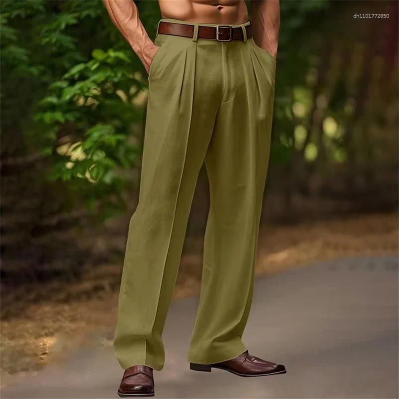 Men's Pants Vintage Solid Color Loose Linen Trousers For Mens Spring Summer Casual Straight Men Fashion Pleated Breathable