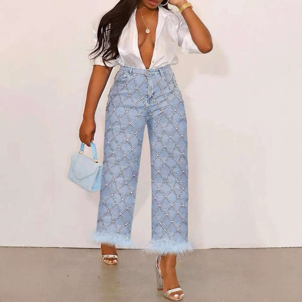 Women's Wear Fashionable Women's Jeans Plus Daily Light Blue High Waist Diamond Straight Leg Feather Denim Ankle Pants