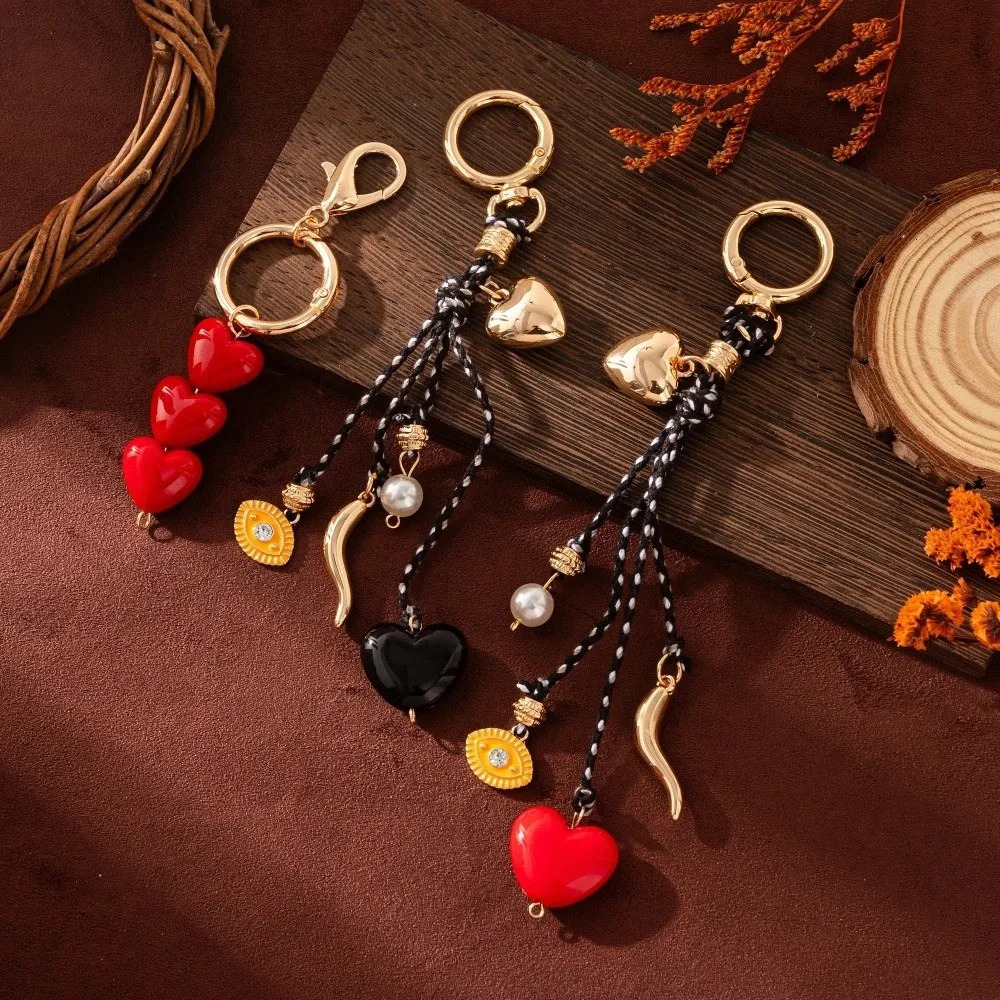 Ins Style Cute Love Heart Bag Pendant Pearl Braided Rope Fish Shape Key Chain Rhinestone Elegant Bag Hanging Ornaments Car Key 251110