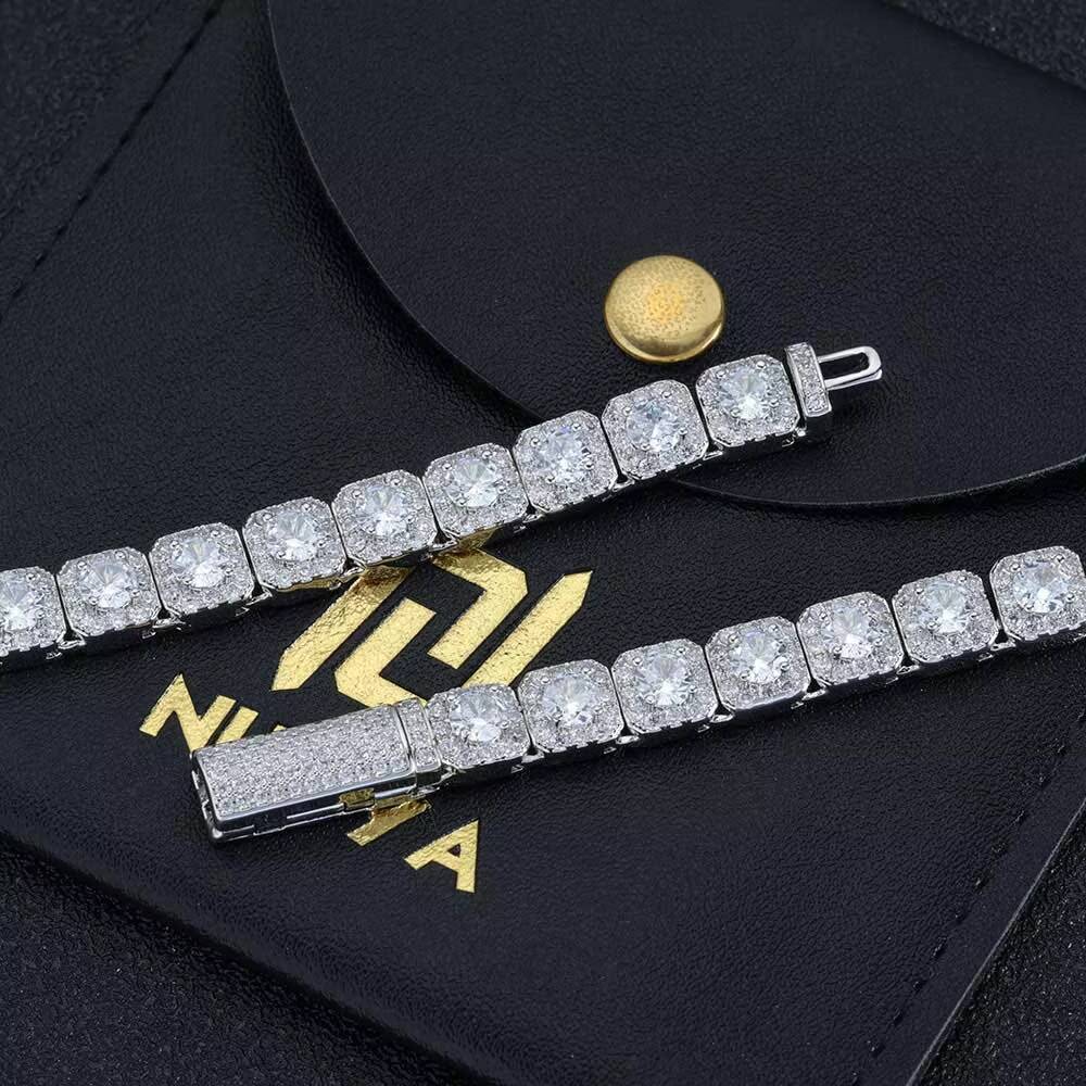Nuoya 925 Sterling Silver Tennis Chain Luxury 7mm Custom VVS Moissanite Diamond Cluster Tennis Chain Necklace