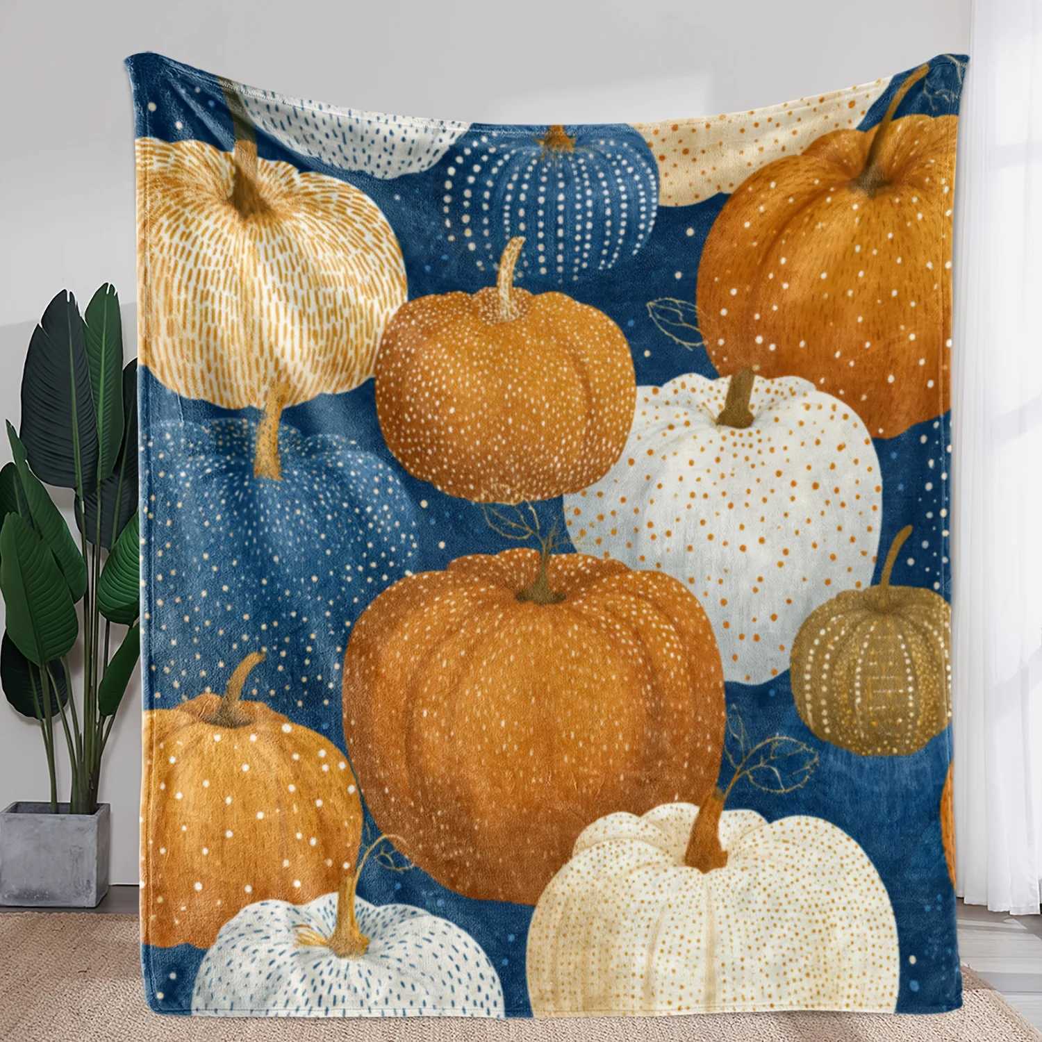1pc Flannel Blanket with Multicolor Pumpkin Print - Soft Warm Cozy All-Season Throw for Couch Bed Travel Camping Autumn Fall De C251111