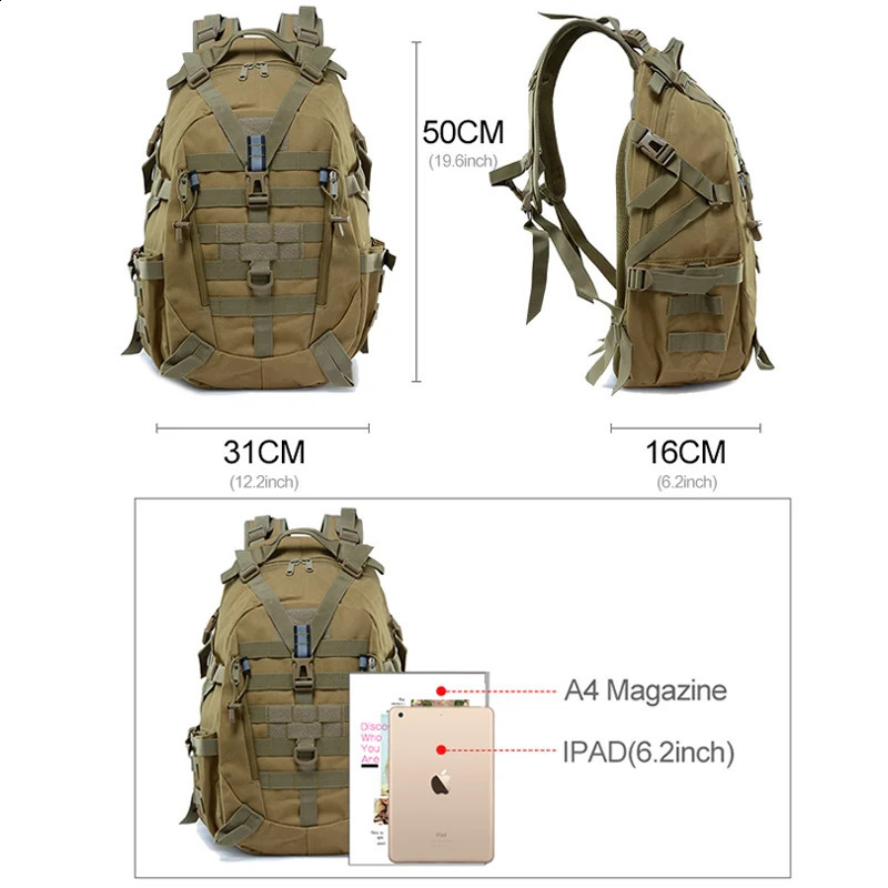 40L Camping Backpack Mens Bag Travel Bags Tactical Molle Climbing Rucksack Hiking Outdoor Reflective Shoulder Fishing Bag 250407