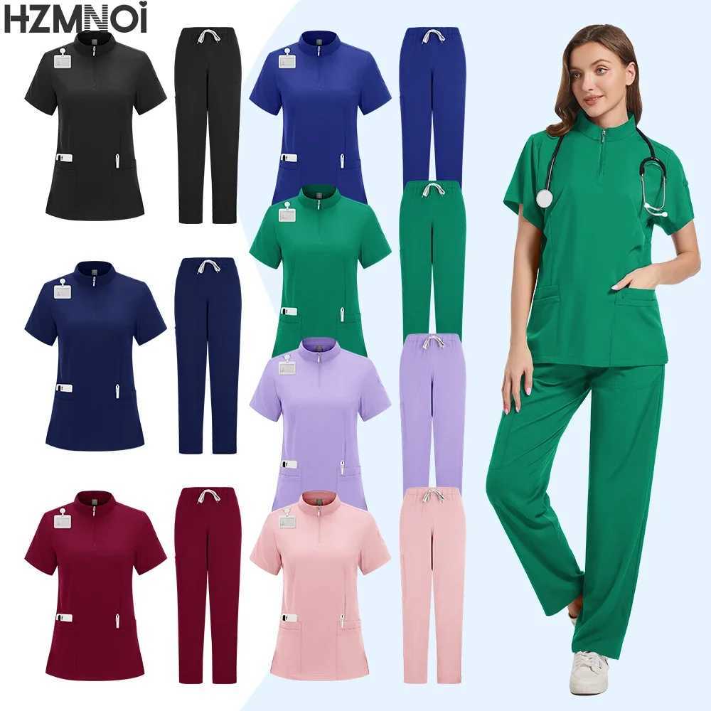 Washing Clothes Female Summer Short-slved Operating Clothes Casual Stand Collar Zipper Top Beauty Sn Medico Nurse Uniform X250410