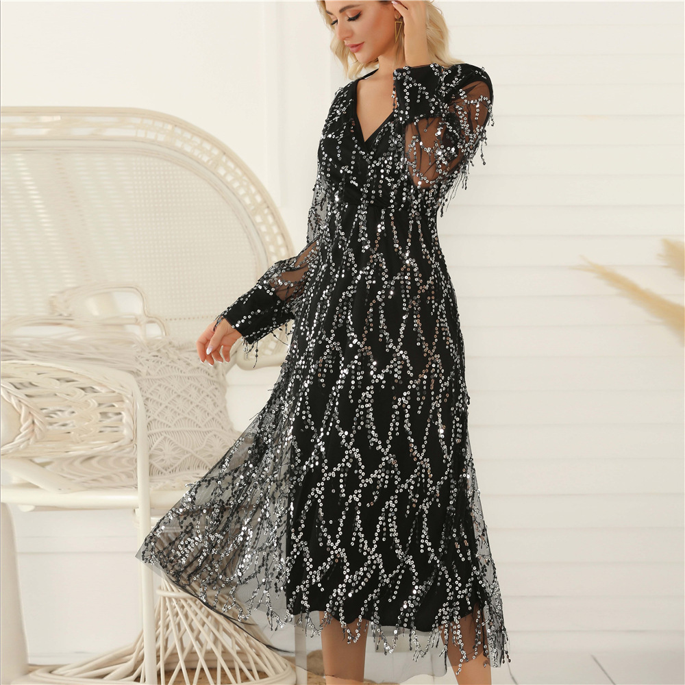 Sexy V-neck tassel sequin dress for women
