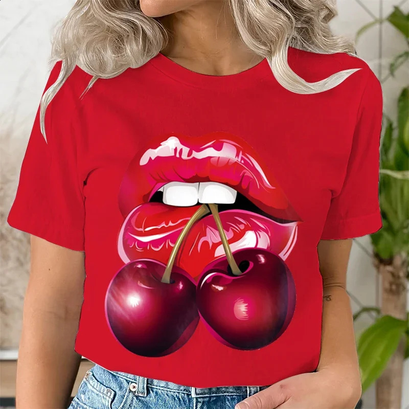 Summer Clothing LIPS CHERRY Print T-Shirts Short Sleeve Ladies Casual Women Fashion Graphic Tee T-shirts Female T Shirt Clothes 250410