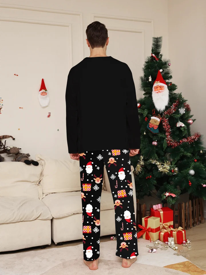 Merry Christmas Couple Pajamas - Long Sleeve Black Santa Print Festive Pattern Pants Set 251106