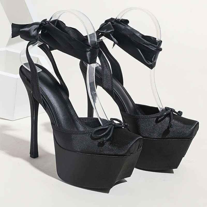 Women's Ballet-Style Platform Heels With 14Cm Stiletto Heels, Square Toe Lace-Up Straps - Black PU Cover Shoes For All-Season Formal & Wear Sizes