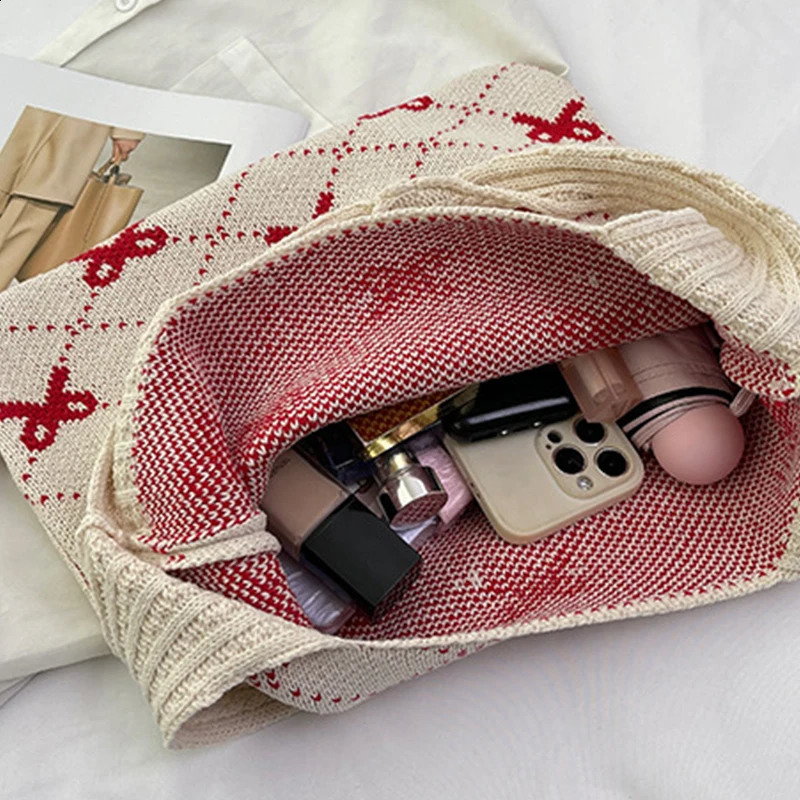 Butterfly knot knitted womens bag ecofriendly Korean folding shopping Y2K crochet rope shoulder Sweet handbag Ins 250401