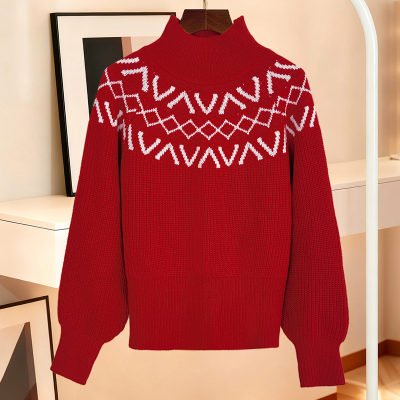 Women's multi-color blazer, stand-up collar long-sleeved sweater, diamond-patterned jacquard fabric, Fair Isle style, casual streetwear attire---