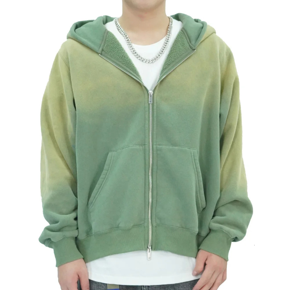 Mens Sun Faded Two-way Zip Up Jacket Unisex Washed Vintage 420GSM Hoody SweatshirtHigh Quality Heavy Weight Fuzzy Fleece Hoodie 251110