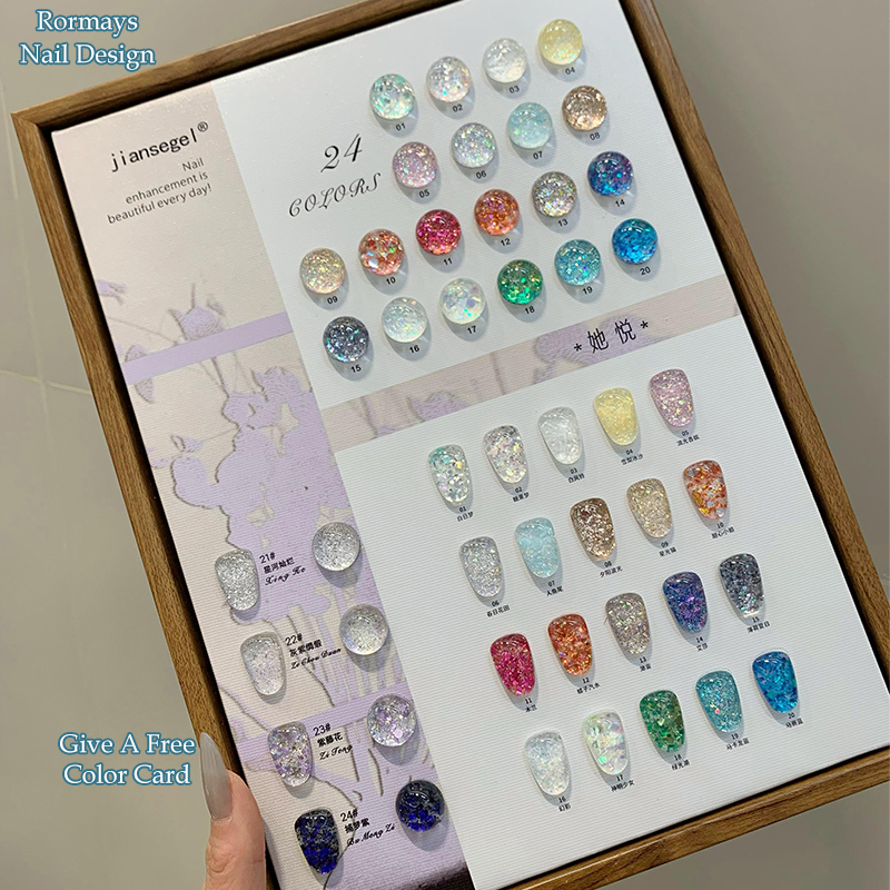 Rormays Colorful Sequins gel Nail 24PCS Mixed Varnish Chip Shiny Summer Semi permanent Korean Sequins UV Japanese Nail Salon Primer Finish 15ML Wholes