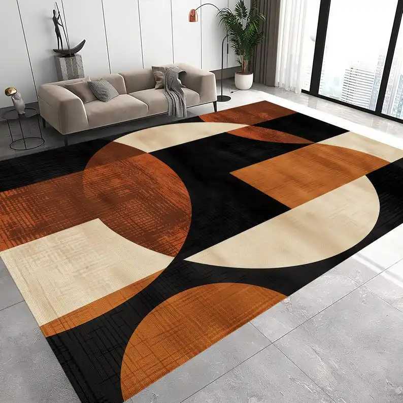 Abstract Circle Rug Burnt Orange Beige Black Carpet Modern Minimst Washable Floor Mat Y251110