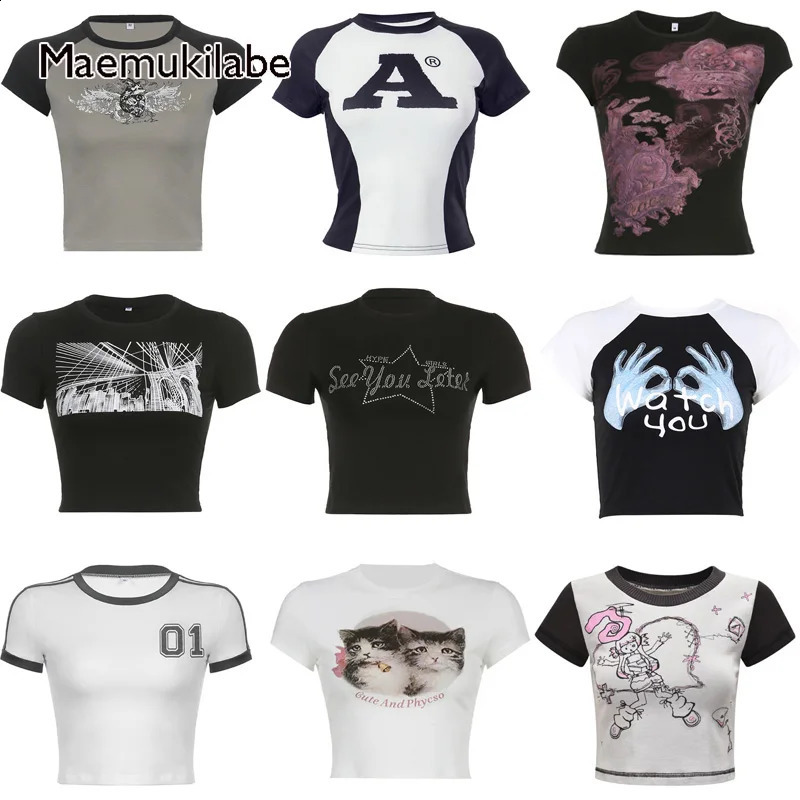 Maemukilabe 00s Retro Y2K Kawaii Baby Tees Graphic Aesthetic Clothes Summer Short Sleeve Crop Tops Women Fairy Grunge T-shirt 250411