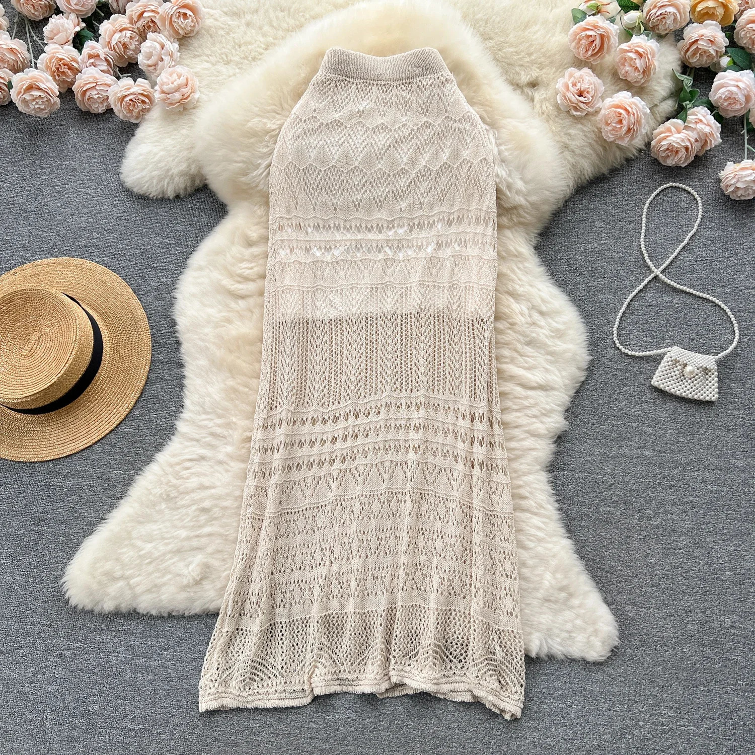 Crochet Knit Midi Skirt Semi Sheer Straight Cut Skirts SpringSummer Womens Vacation Bohemian Beach Clothing 250407