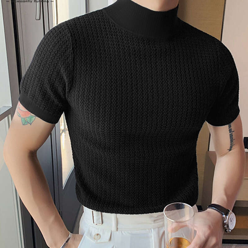 2025 Summer New Export Solid Color Casual Simple Knitted Base Layer European And American Men's High Neck Water Ripple T-Shirt Short Sleeve 0c45 