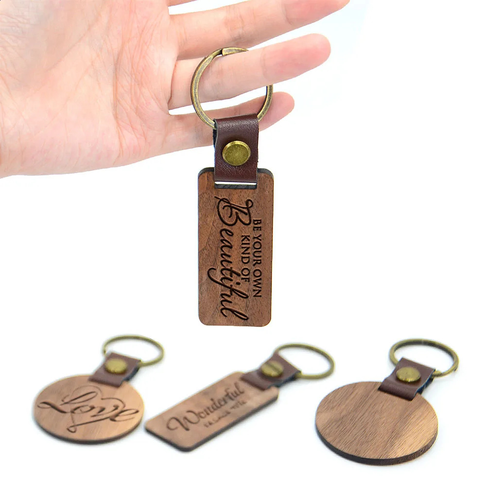 12 blank wooden PU leather keychain laser engraved DIY car decoration gift 250410