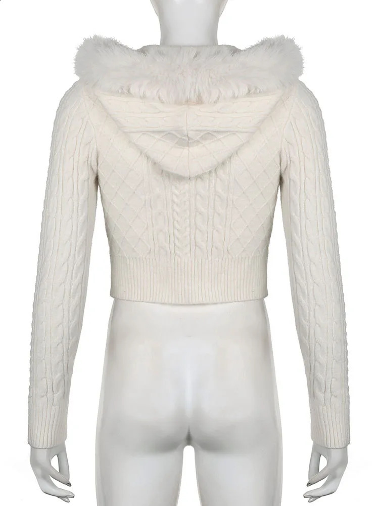 IAMSURE Sweet Fur Decorative Hooded Knitted Open Woolen Sweater Ultra Thin Zipper Long Sleeve for Women 2023 AutumnWinter Fashion 250407