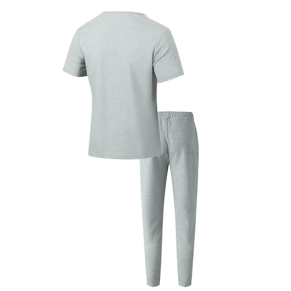 2025 Mens youth daily wear leisure vacation fashion comfortable wear rope short-sleeved T-shirt tracksuit pants two-piece 250411